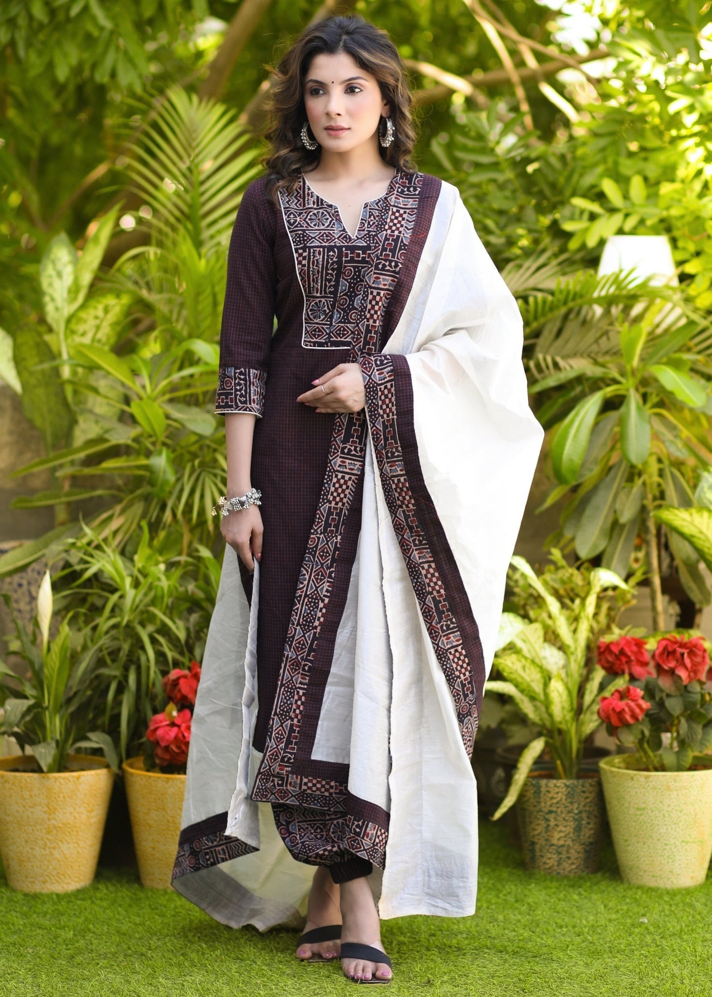 Smart Coffee Brown Pure Cotton Kurta with Ajrakh Harem Pant Set - Dupatta Optional
