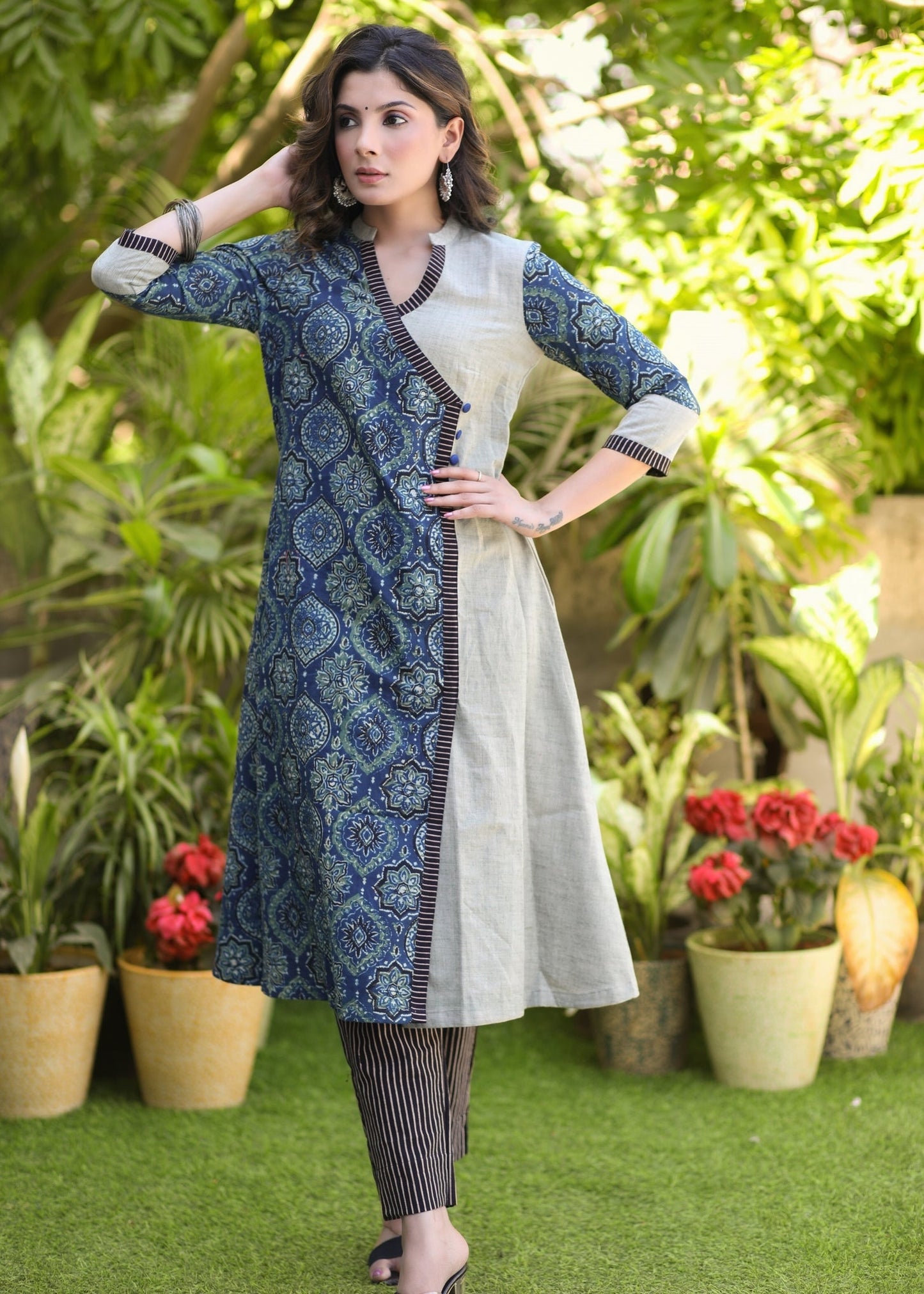Elegant Pure Cotton Ajrakh Combination Kurta - Pant Optional