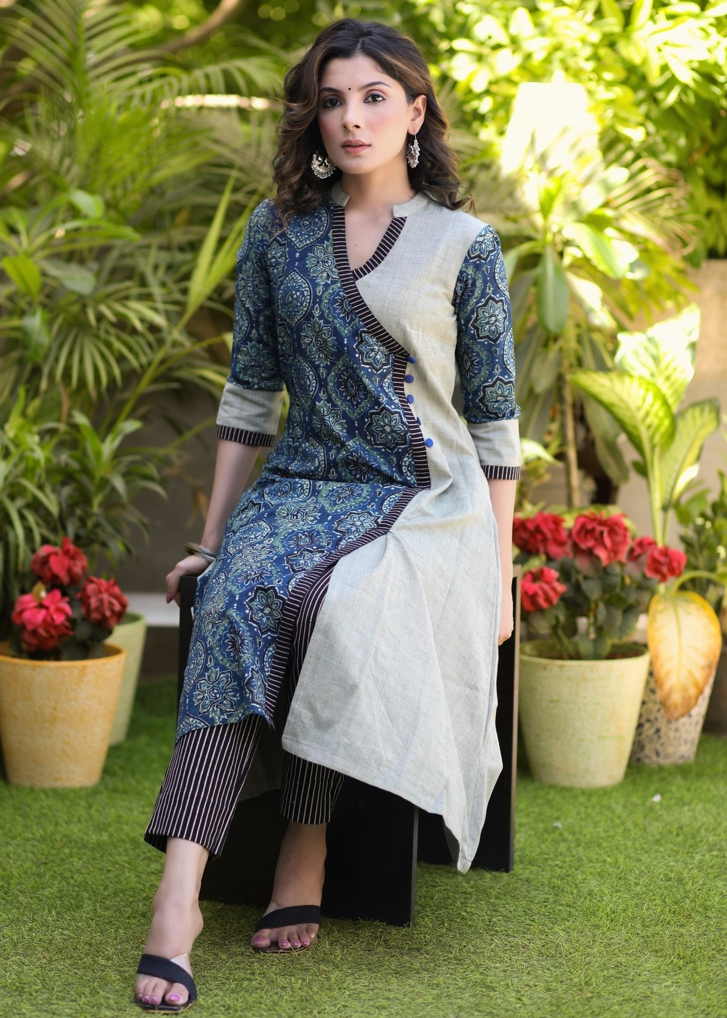 Elegant Pure Cotton Ajrakh Combination Kurta - Pant Optional
