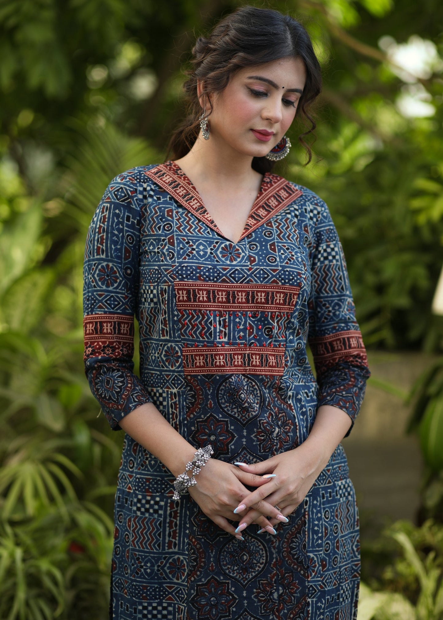 Elegant Navy Blue Embellished Cotton Ajrakh Kurti - Pant Optional