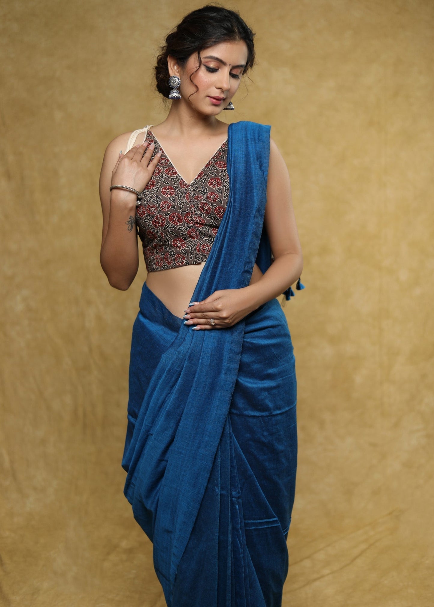 Exclusive grey Cotton floral Ajrakh sleeveless blouse with Dori