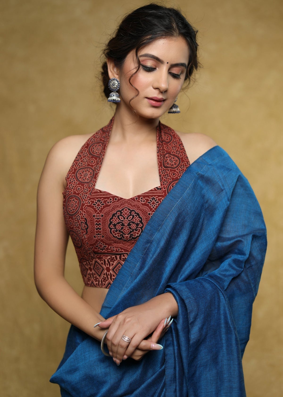 Haut dos nu tendance en coton Ajrakh bordeaux