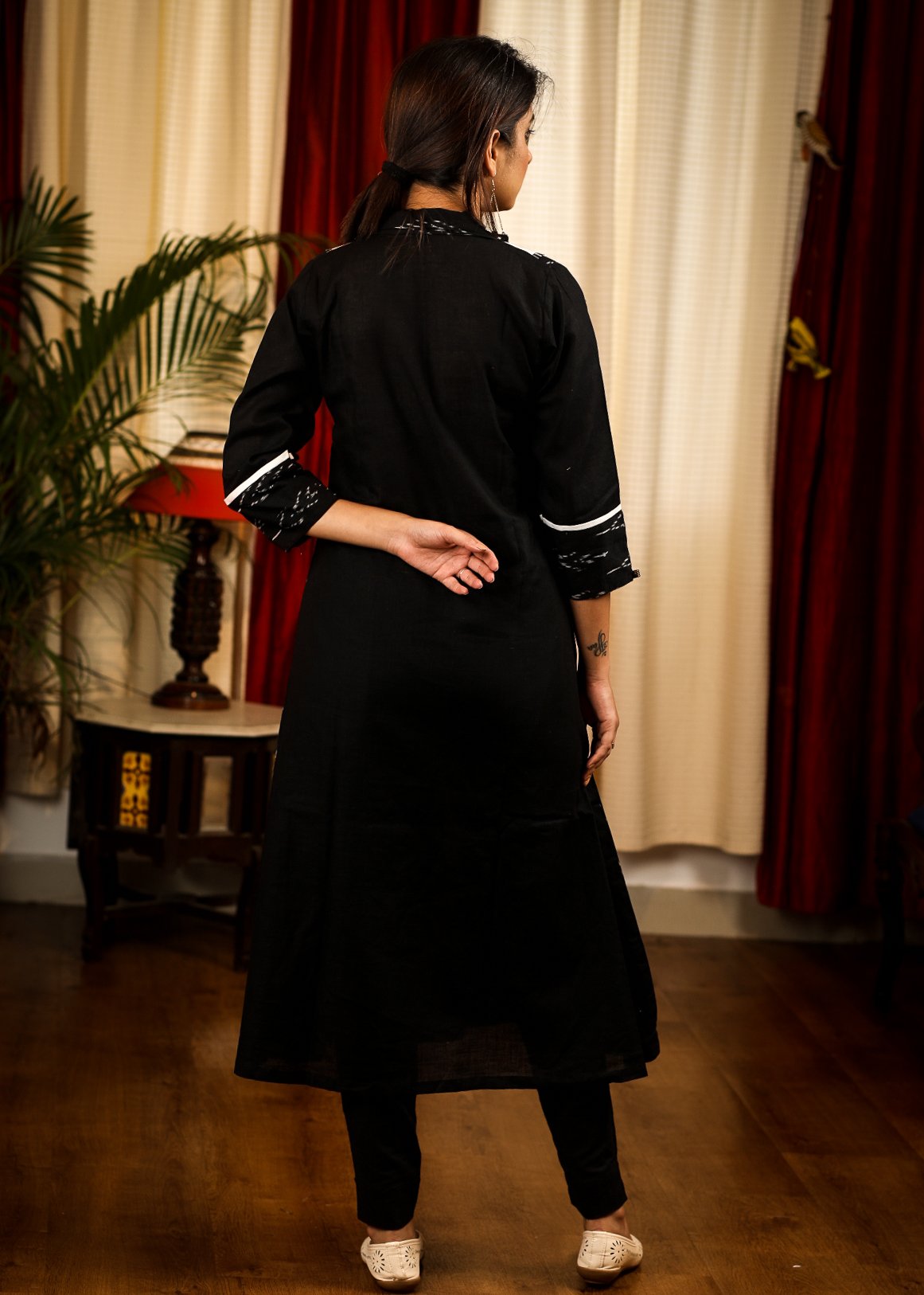 A-Line Black Cotton Ikat Kurta With Classy Hand Painted Horse Motif