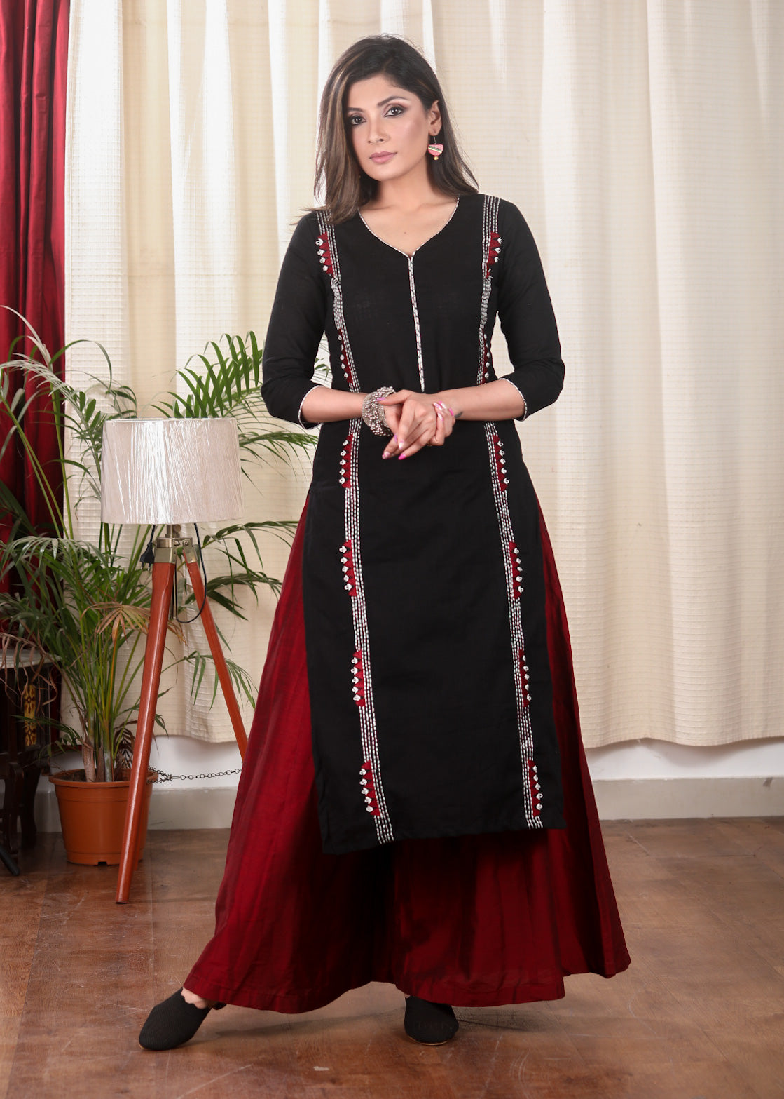 Black Straight Cut Cotton Kurta With Exclusive Full Length Embroidery