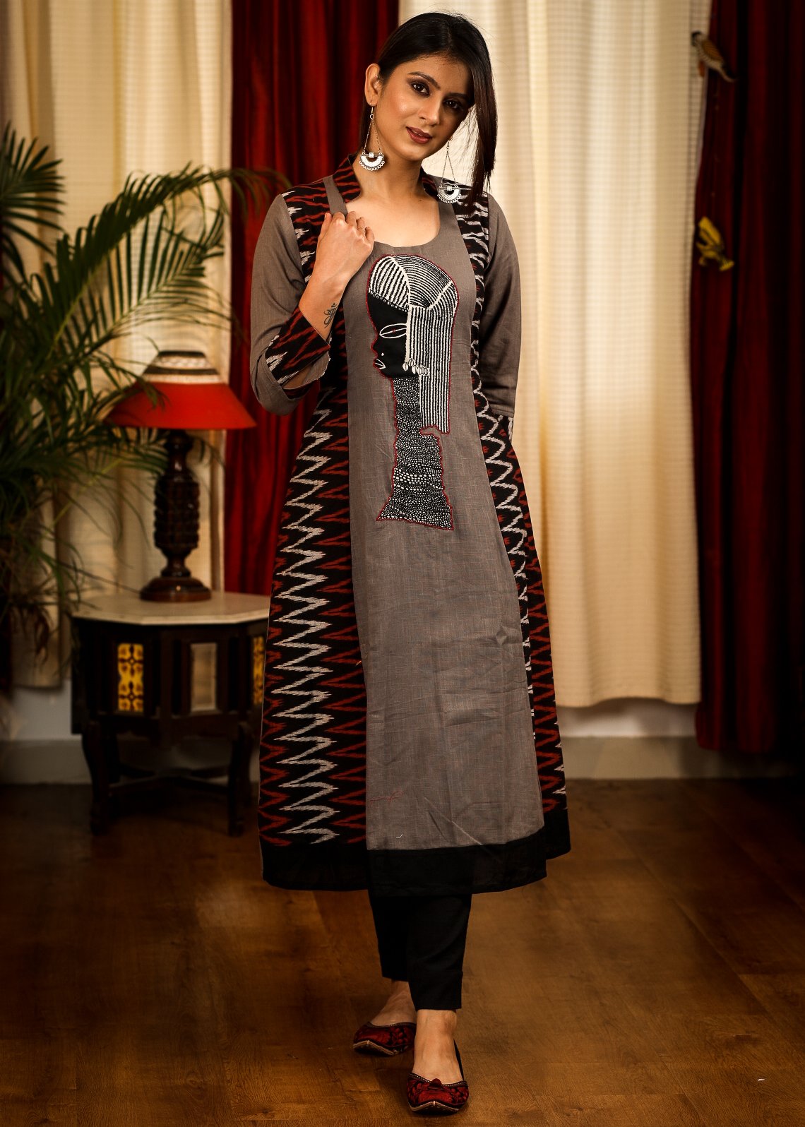 A-Line Black & Grey Ikat Cotton Kurta With Unique embroidered Tribal Motif