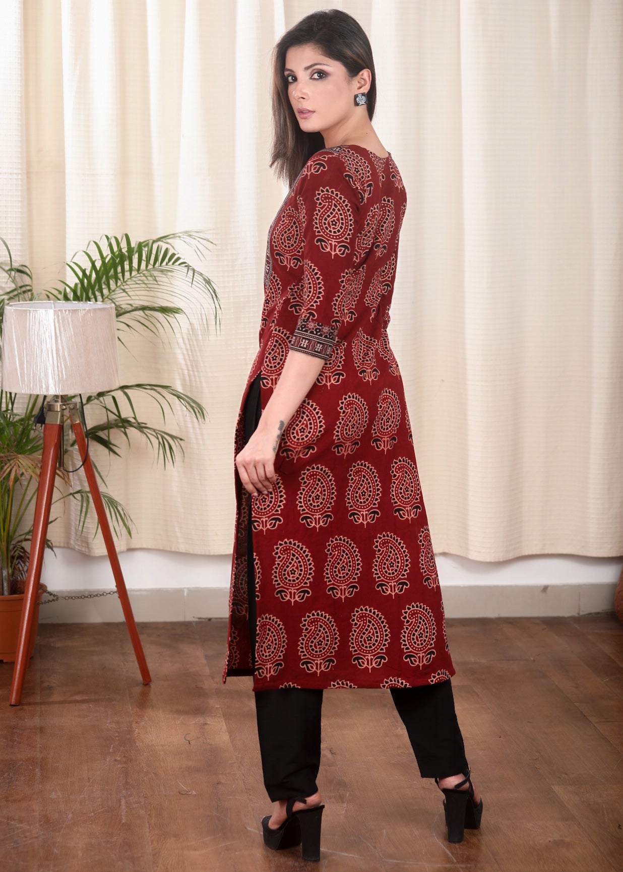 Beautiful Traditional Paisely Motif Straight Cut Cotton Ajrakh Kurta with Hand Made Kutch Mirror Work