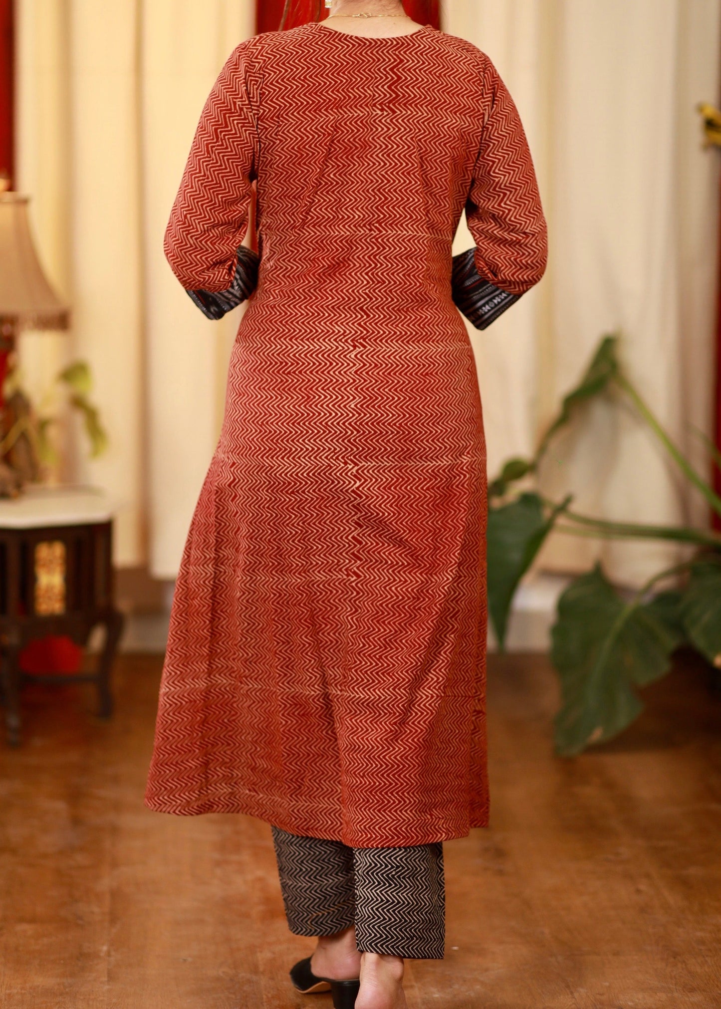 A - line Cotton Ajrakh Kurta with Ikat Details
