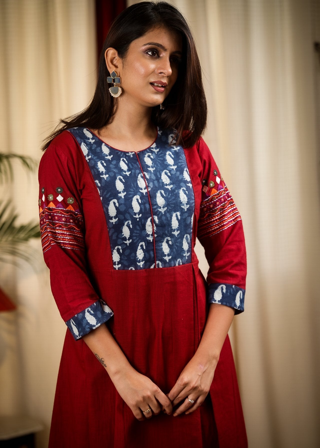 A Line Indigo & Maroon Kurta / One Piece Dress with Smart Embroidery work on Sleeves
