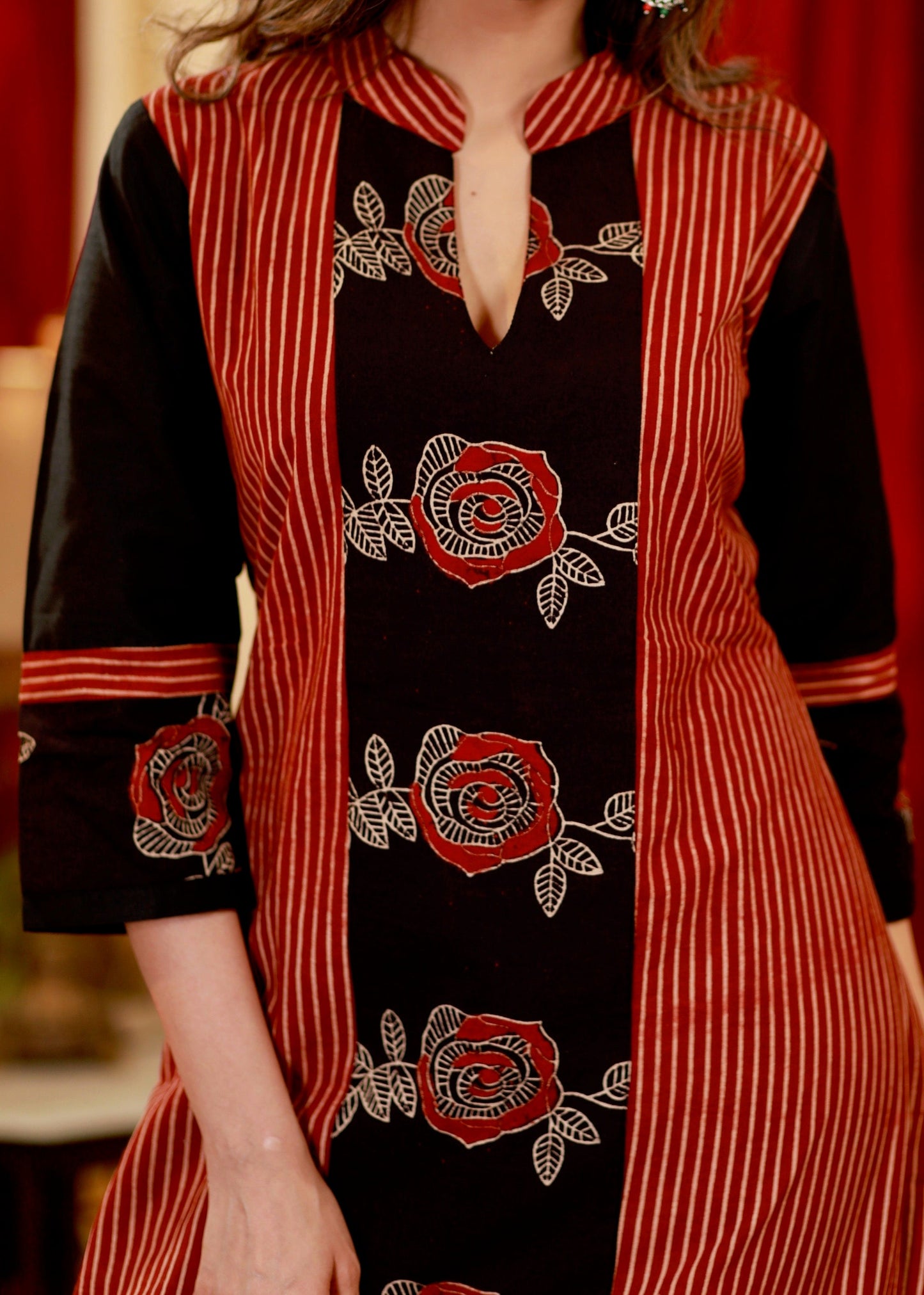 A - line Cotton Ajrakh Kurta with Contrast Ajrakh panel