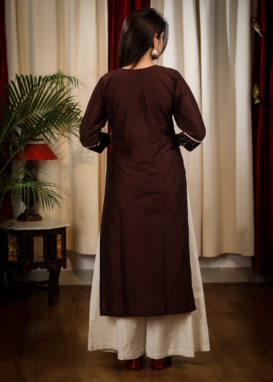 Straight Cut Coffee Brown Cotton Silk Kurta with Elegant Embroidery work
