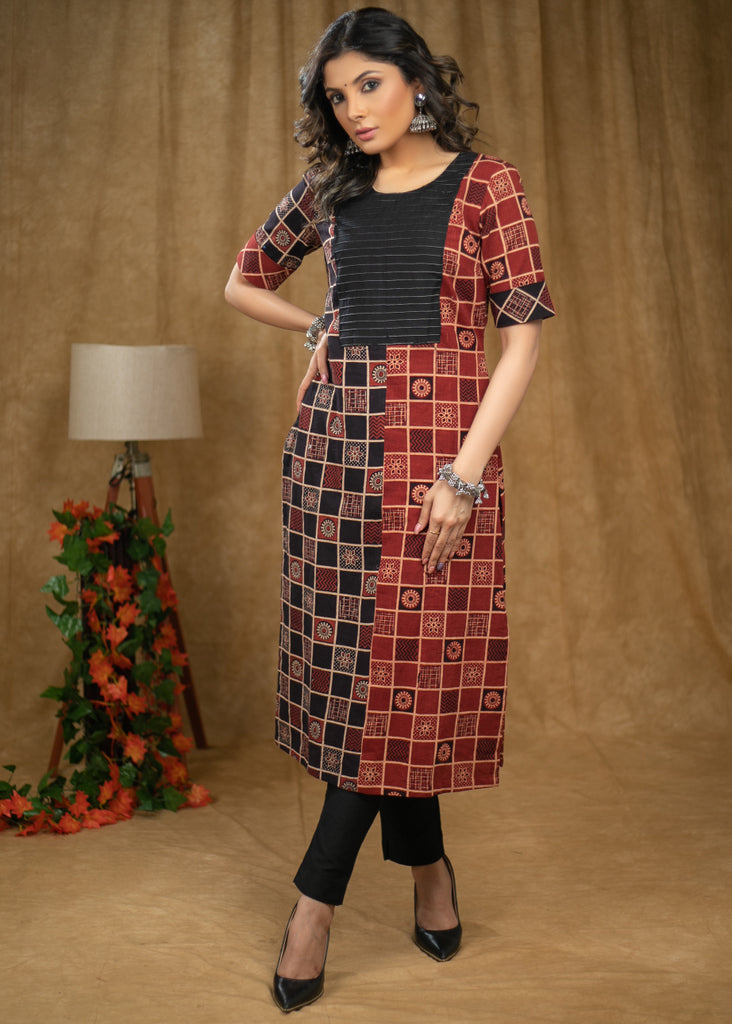 Elegant Black & Maroon cotton Ajrakh kurta with pintucks on yoke