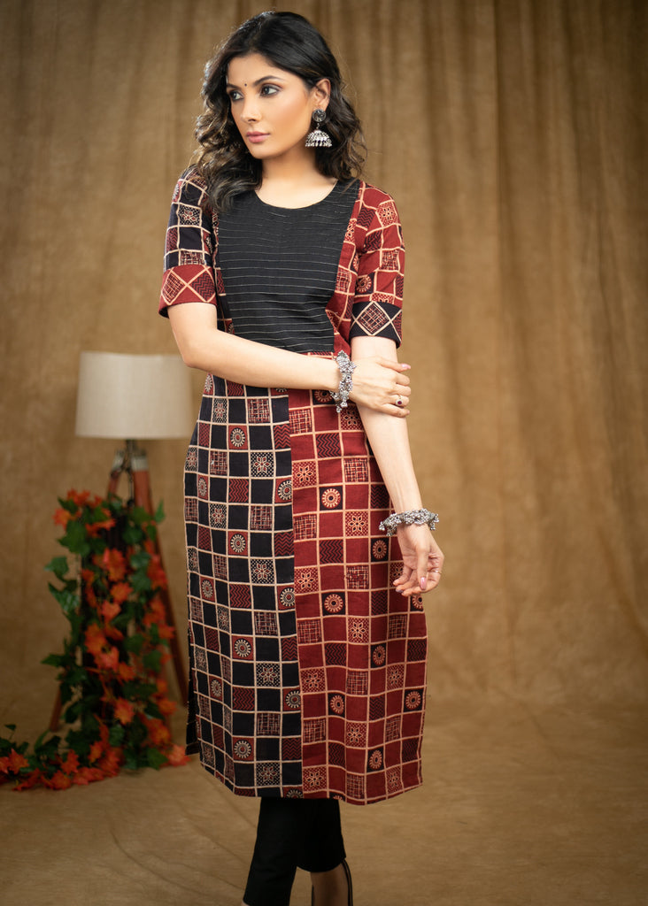Elegant Black & Maroon cotton Ajrakh kurta with pintucks on yoke