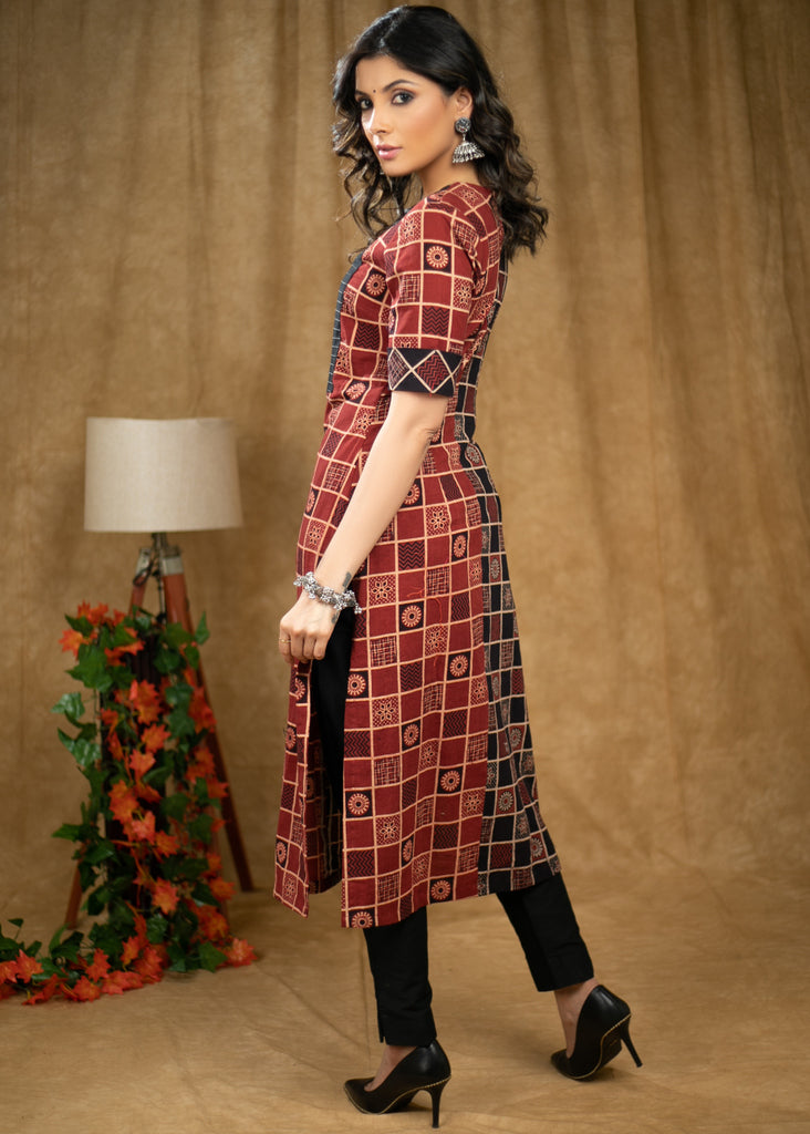 Elegant Black & Maroon cotton Ajrakh kurta with pintucks on yoke