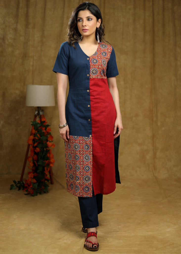 Simple and Elegant Cotton kurta with Ajrakh detaling