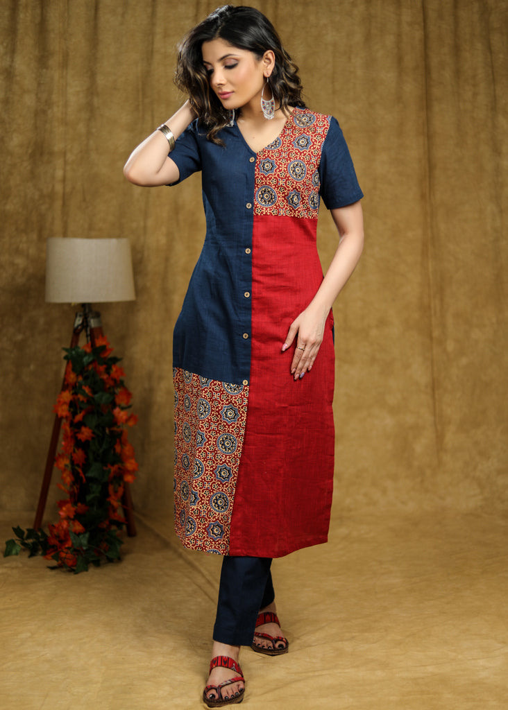 Simple and Elegant Cotton kurta with Ajrakh detaling