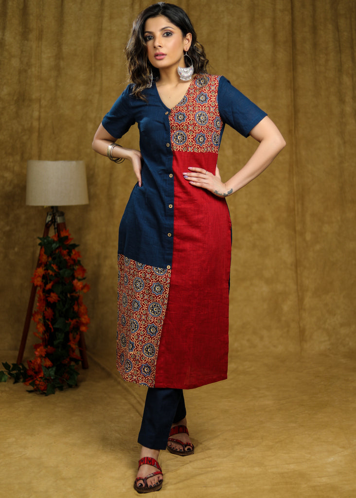 Simple and Elegant Cotton kurta with Ajrakh detaling