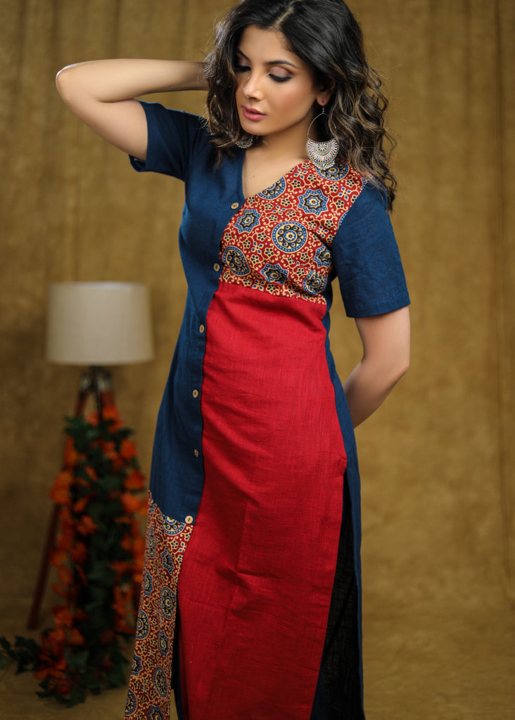 Simple and Elegant Cotton kurta with Ajrakh detaling