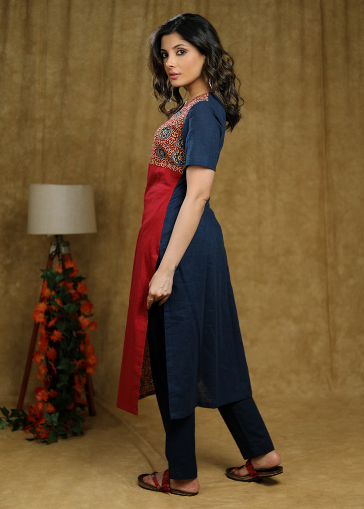 Simple and Elegant Cotton kurta with Ajrakh detaling