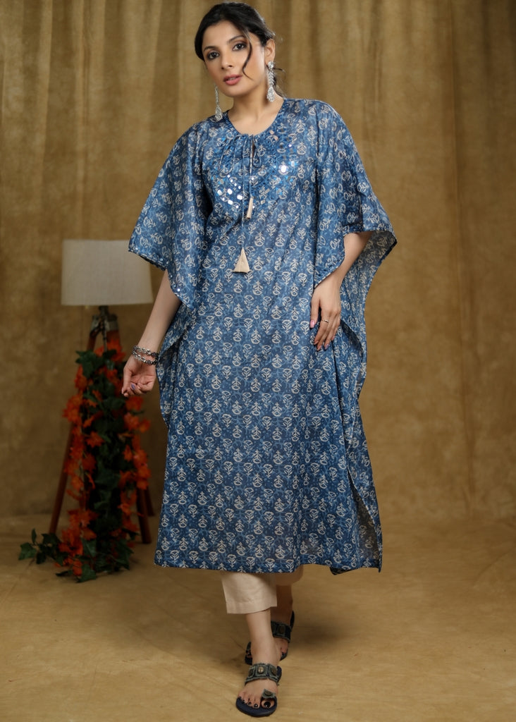 Trendy Cotton Indigo printed kaftan kurta with mirror Handwork.