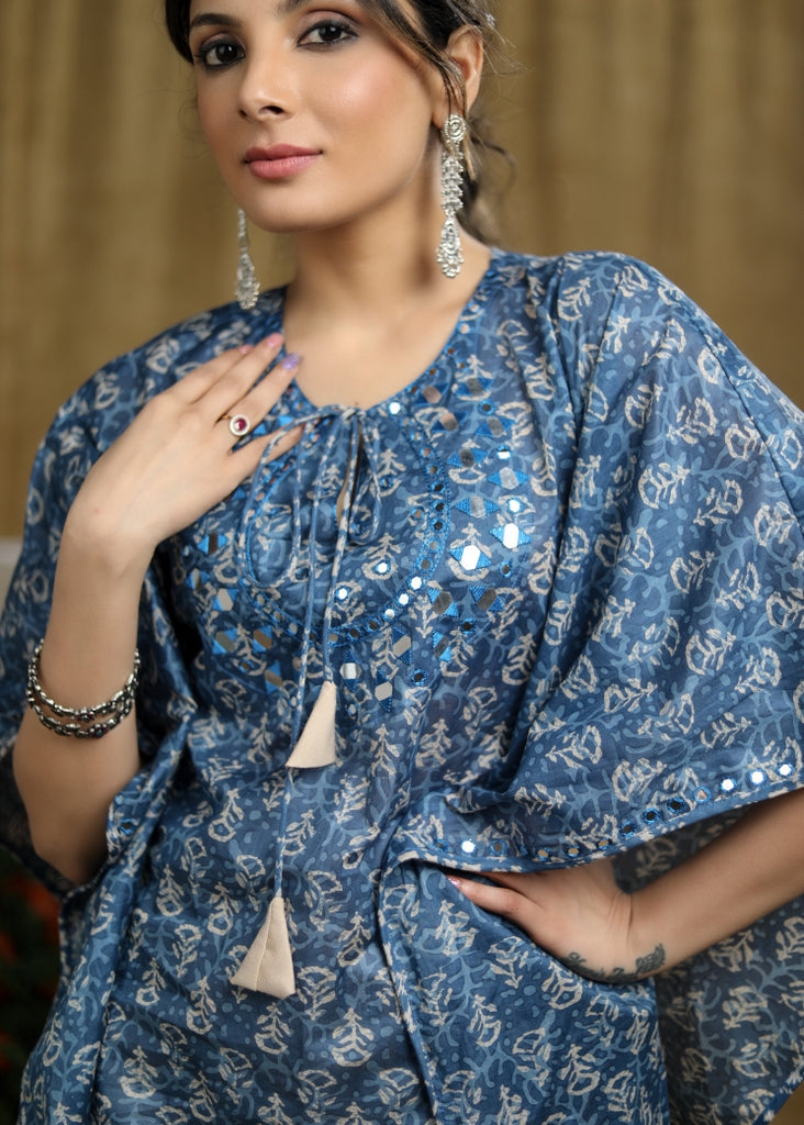 Trendy Cotton Indigo printed kaftan kurta with mirror Handwork.