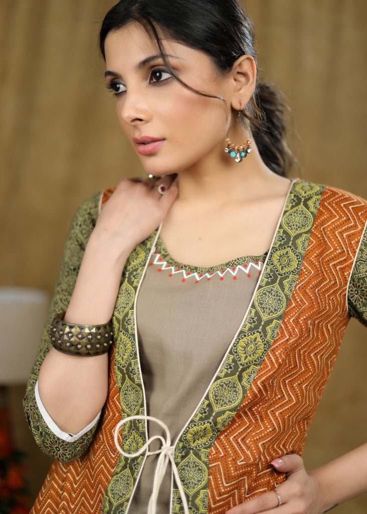 Beige Cotton Kurta with hand painting on neckline with Rust & Green Printed Jacket (2 Piece) - Pant Optional