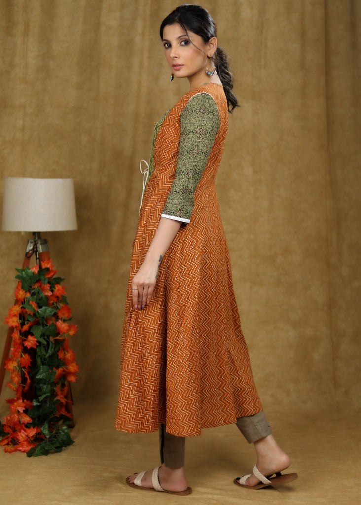 Beige Cotton Kurta with hand painting on neckline with Rust & Green Printed Jacket (2 Piece) - Pant Optional