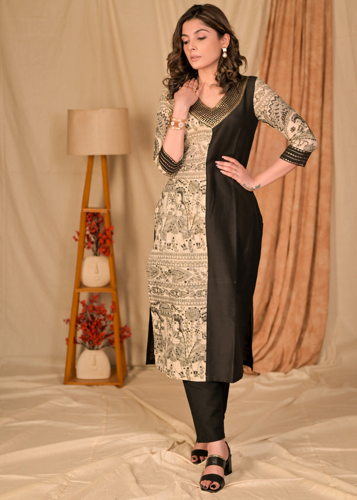 Exclusive Black Cotton Silk and Madhubani Print Combination Kurta with Hand Embroidery on Neckline and Sleeves - Pant Optional