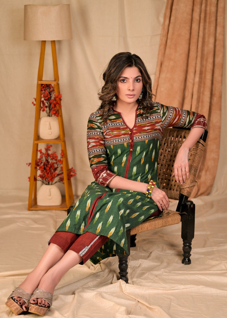 Trendy Emerald Green Combination Cotton Ikat Kurta with Embroidered Collars and Sleeves - Pant Optional