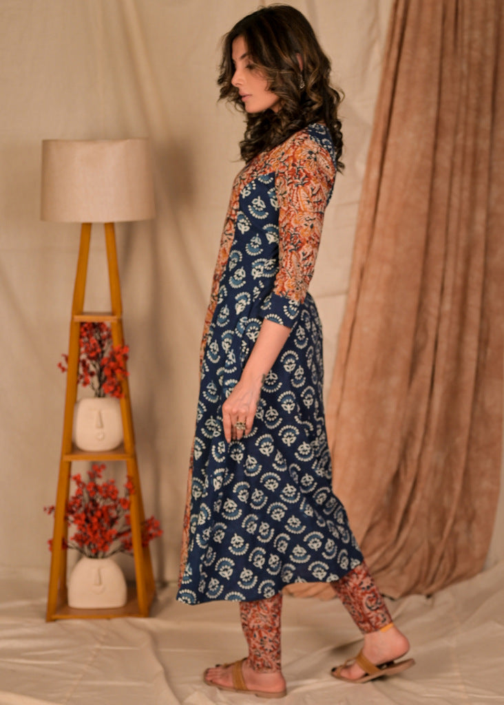 A Line Kalamkari & Indigo Combination Kurta - Kalamkari Pant Optional