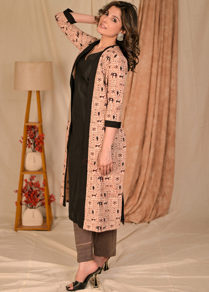 Classy Beige cotton Ajrakh Jacket with Black Inner - Pant Optional