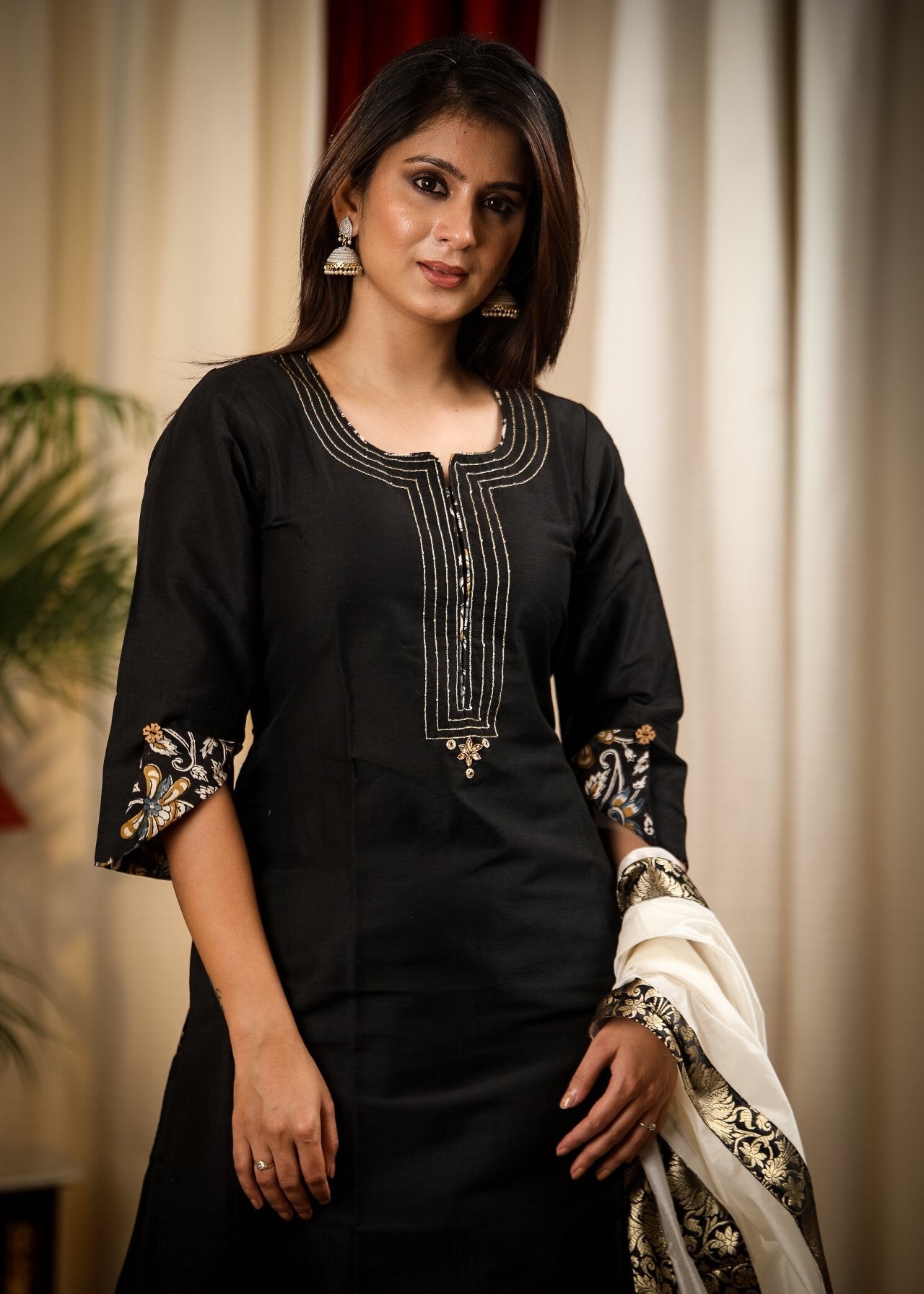 Black Cotton Silk Hand Zardosi Work Kurta, Banarasi Border Pant and Chanderi Dupatta with Double line Handmade Kutch Mirror work