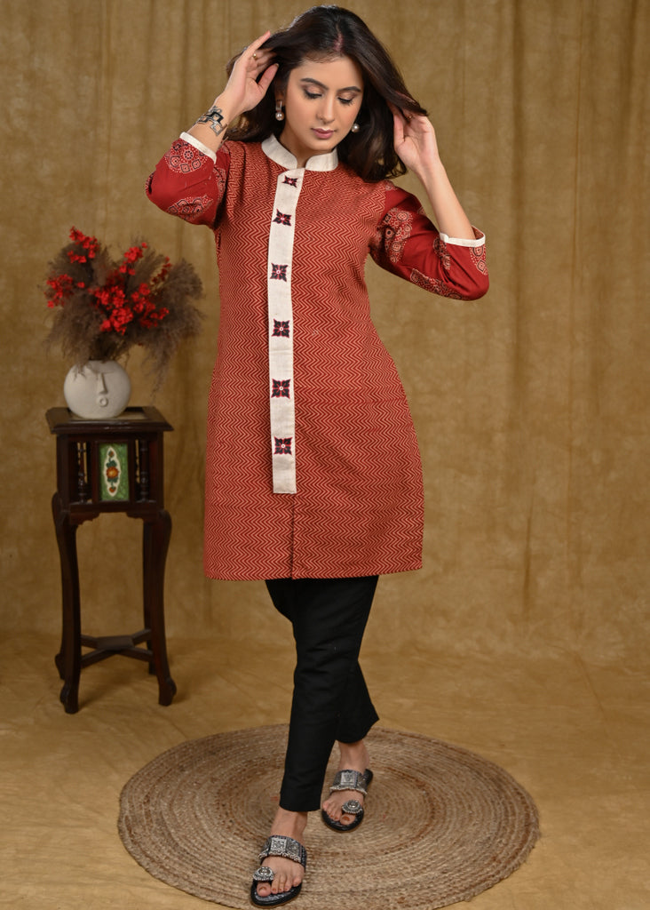 Formal Collar Zigzag Cotton Ajrakh Tunic with Handpainted Off-White Detailing