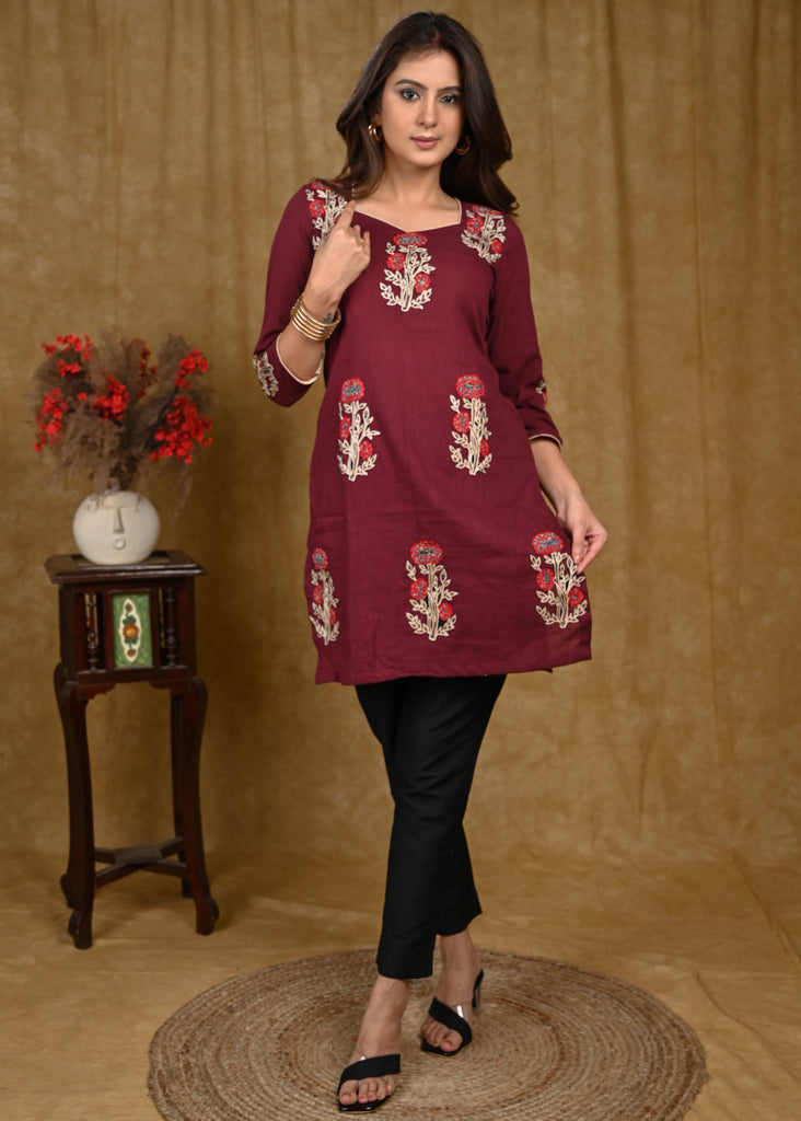 Exclusive Cotton Tunic with Beautiful Embroidered Floral Patch Embroidery Work Allover