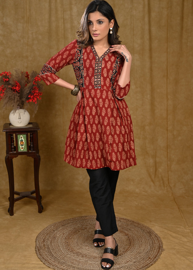 A Line Cotton Ajrakh Tunic with Contrast Ajrakh Border