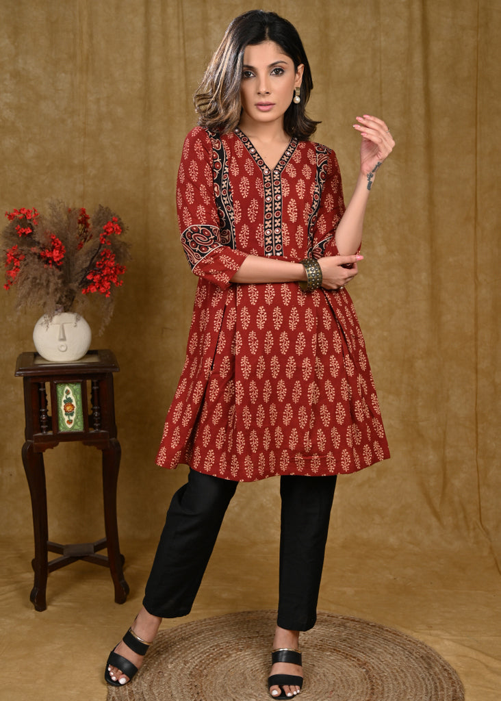 A Line Cotton Ajrakh Tunic with Contrast Ajrakh Border