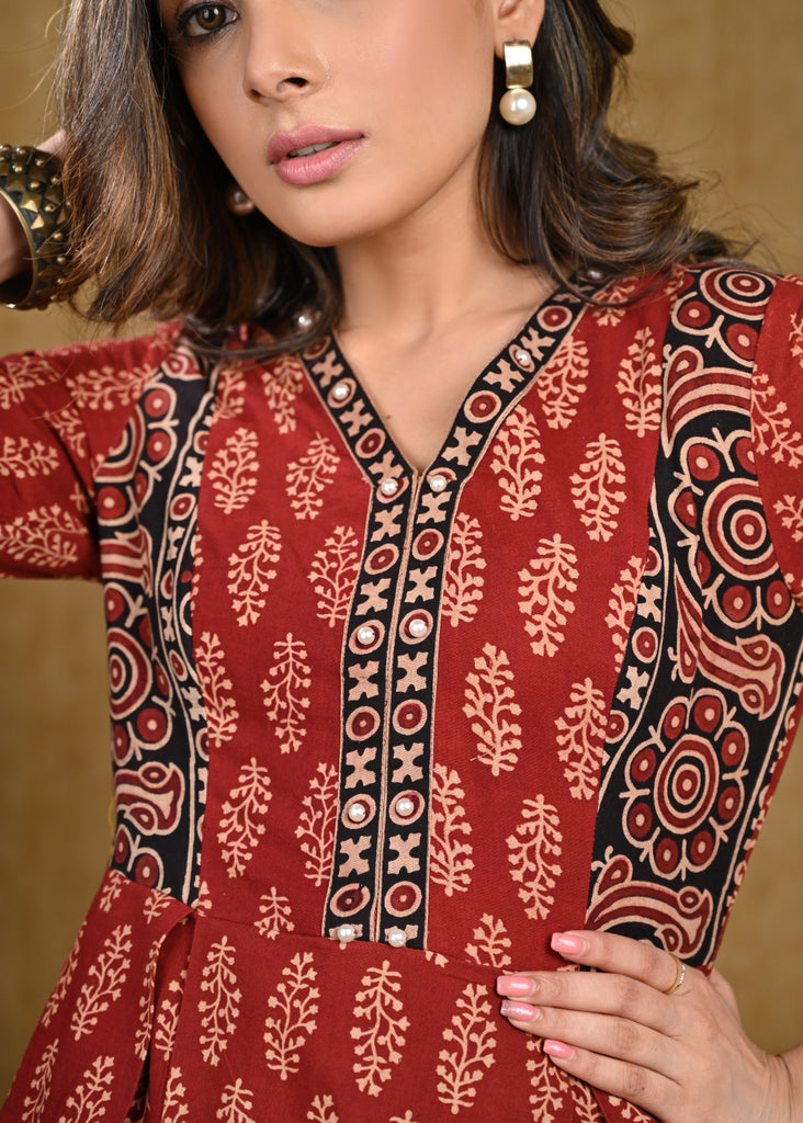 A Line Cotton Ajrakh Tunic with Contrast Ajrakh Border