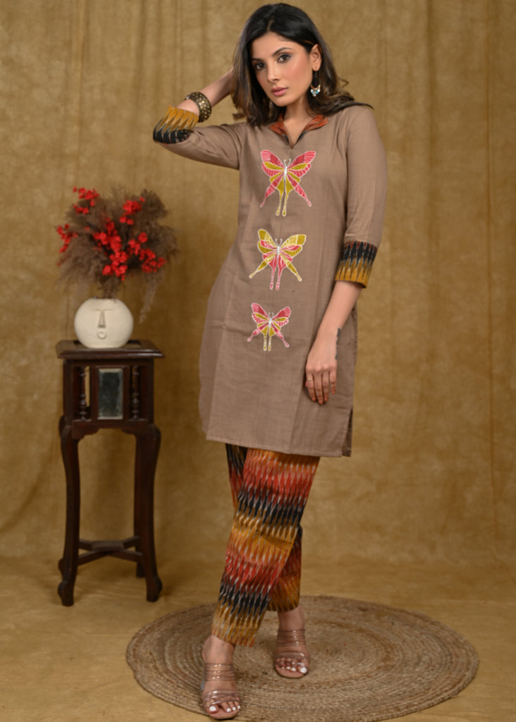 Exclusive Cotton Ikt Combination Tunic with Beautiful Butterfly Hand Painting