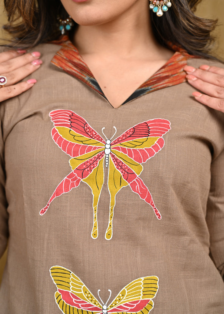Exclusive Cotton Ikt Combination Tunic with Beautiful Butterfly Hand Painting