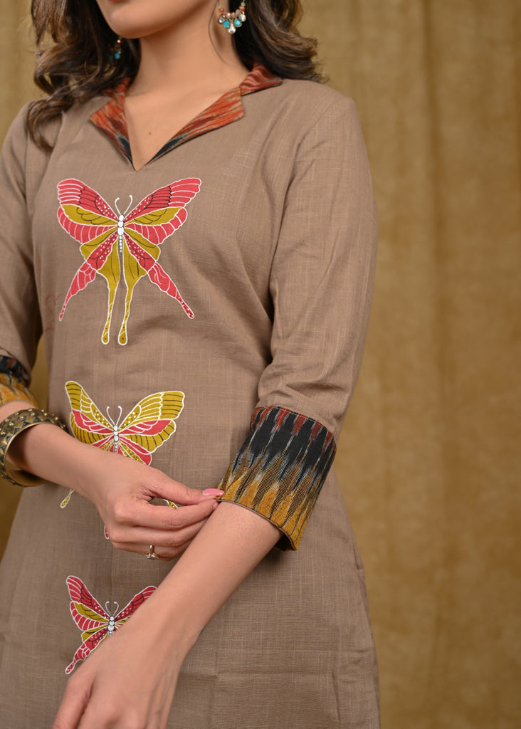 Exclusive Cotton Ikt Combination Tunic with Beautiful Butterfly Hand Painting