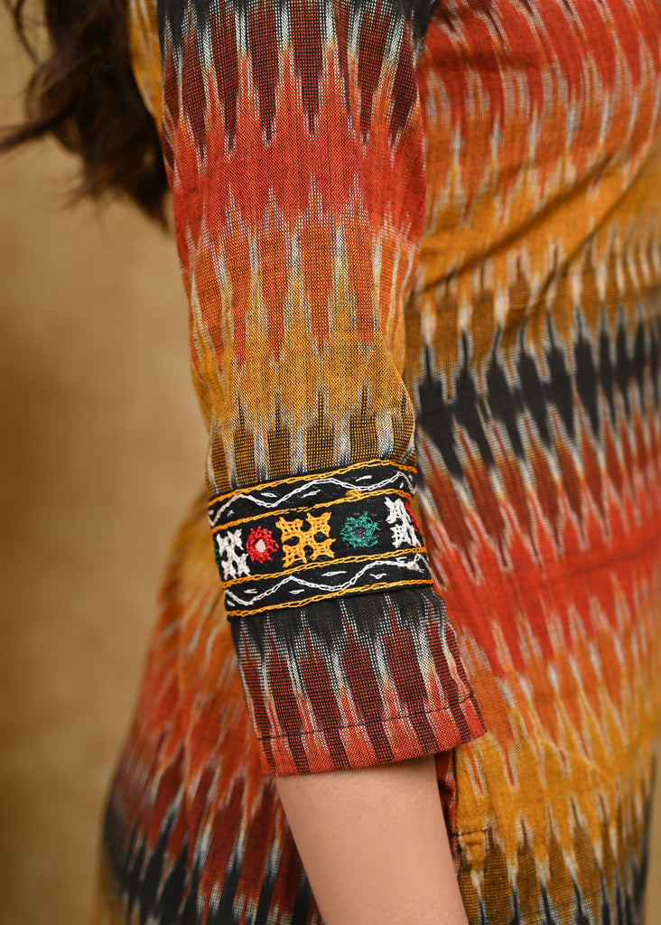Classy Multicolor Cotton Ikat with Handmade Kutch Mirror Work on Neckline and Sleeves
