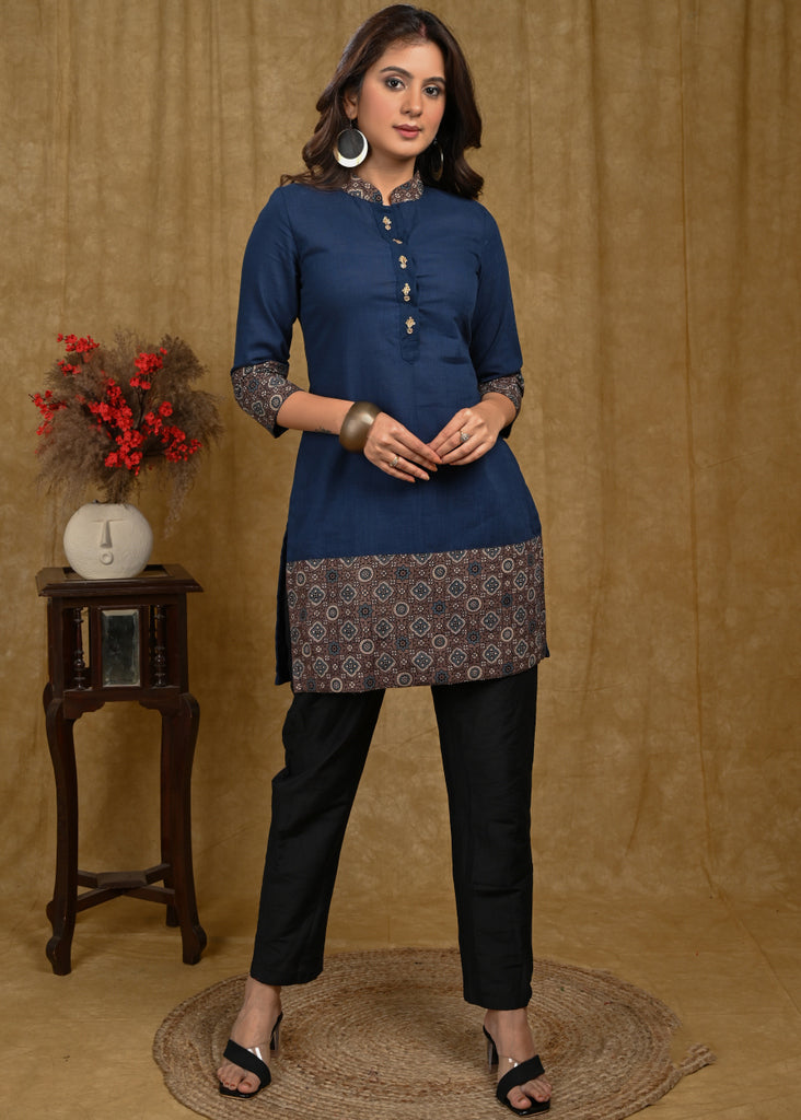 Trendy Straight Cut Tunic with Navy Blue Cotton & Grey Printed Ajrakh combination