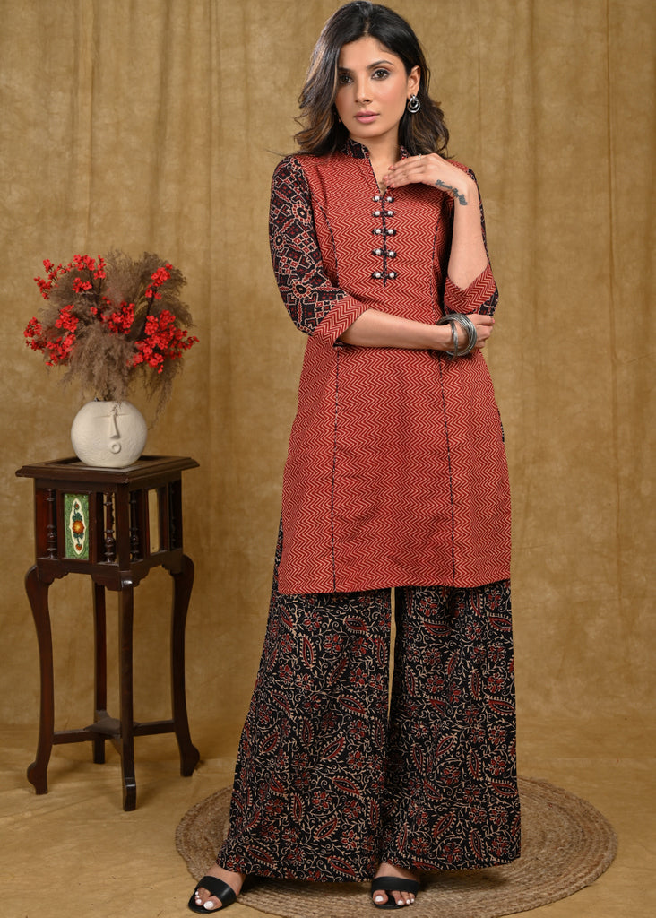 Stylish Zigzag Ajrakh Straight Cut Tunic with Printed Ajrakh Sleeves