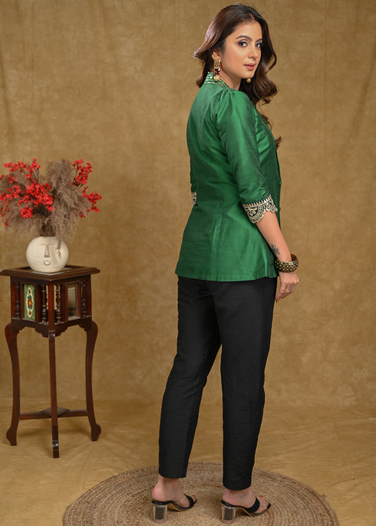 Forest Green Cotton Silk Embroidered Collar Jacket