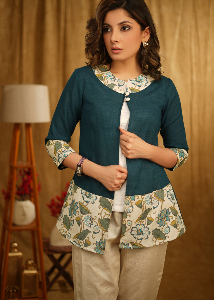 Elegant Teal Floral Printed Shrug with Inner
