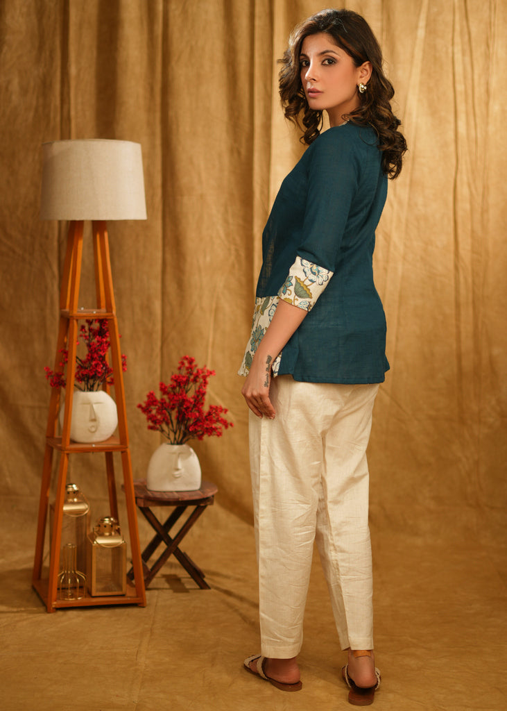 Elegant Teal Floral Printed Shrug with Inner