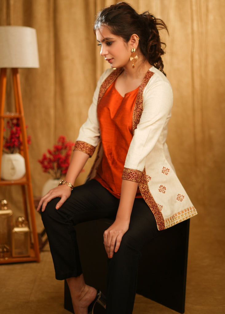 Cream Jacket with Delicate Embrodiered Detailing and Rust Orange Silk Inner