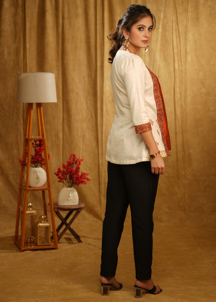 Cream Jacket with Delicate Embrodiered Detailing and Rust Orange Silk Inner