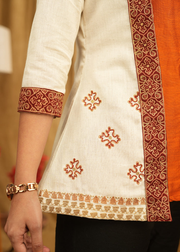 Cream Jacket with Delicate Embrodiered Detailing and Rust Orange Silk Inner