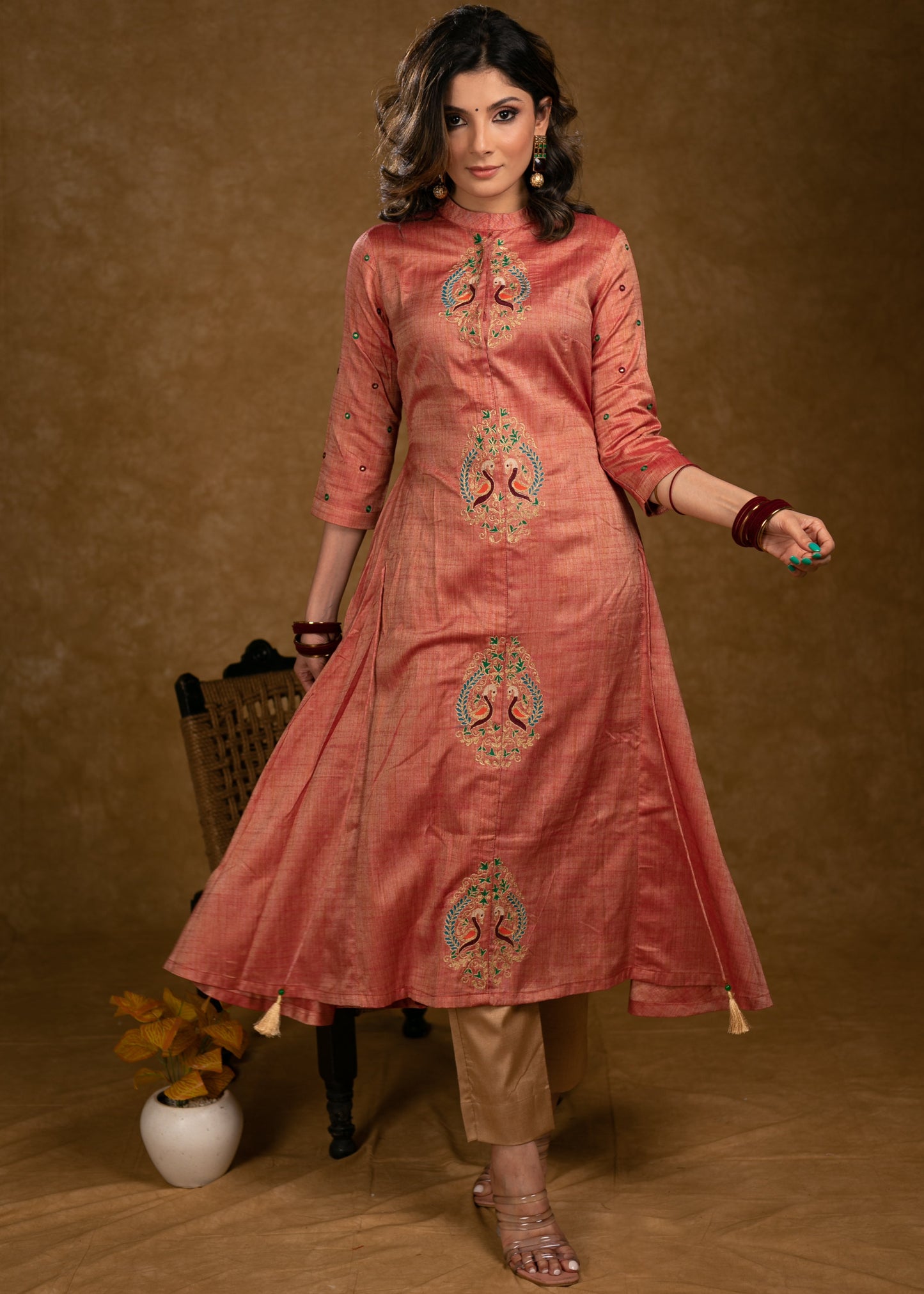 Exclusive Assam Silk Kurta with Beautiful Peacock Embroidery Motifs - Pant Optional