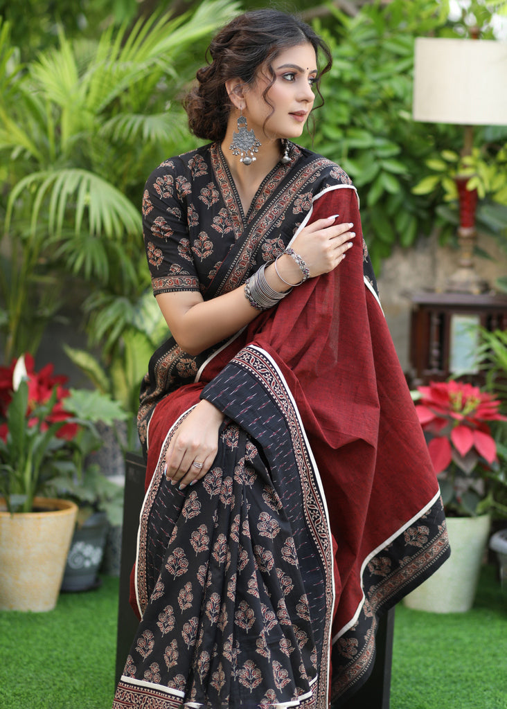 Lustrous black print and maroon Cotton combination saree with Exclusive Ikat border